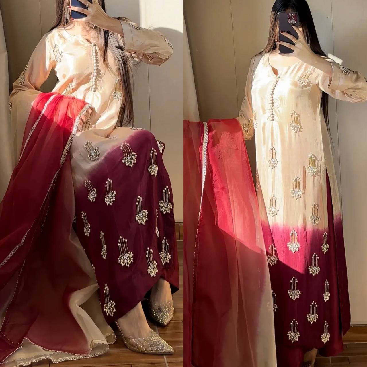 Modern Pearl-Drop Two-Tone Silk Suit
